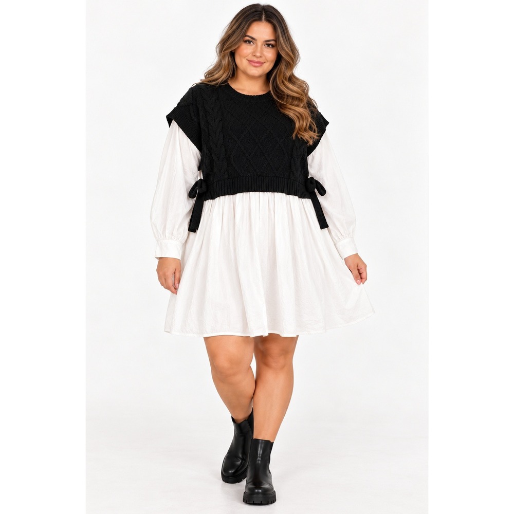 Arula 3X Mixed Media Cable Knit Sweater Dress Black White Side Tie Mini